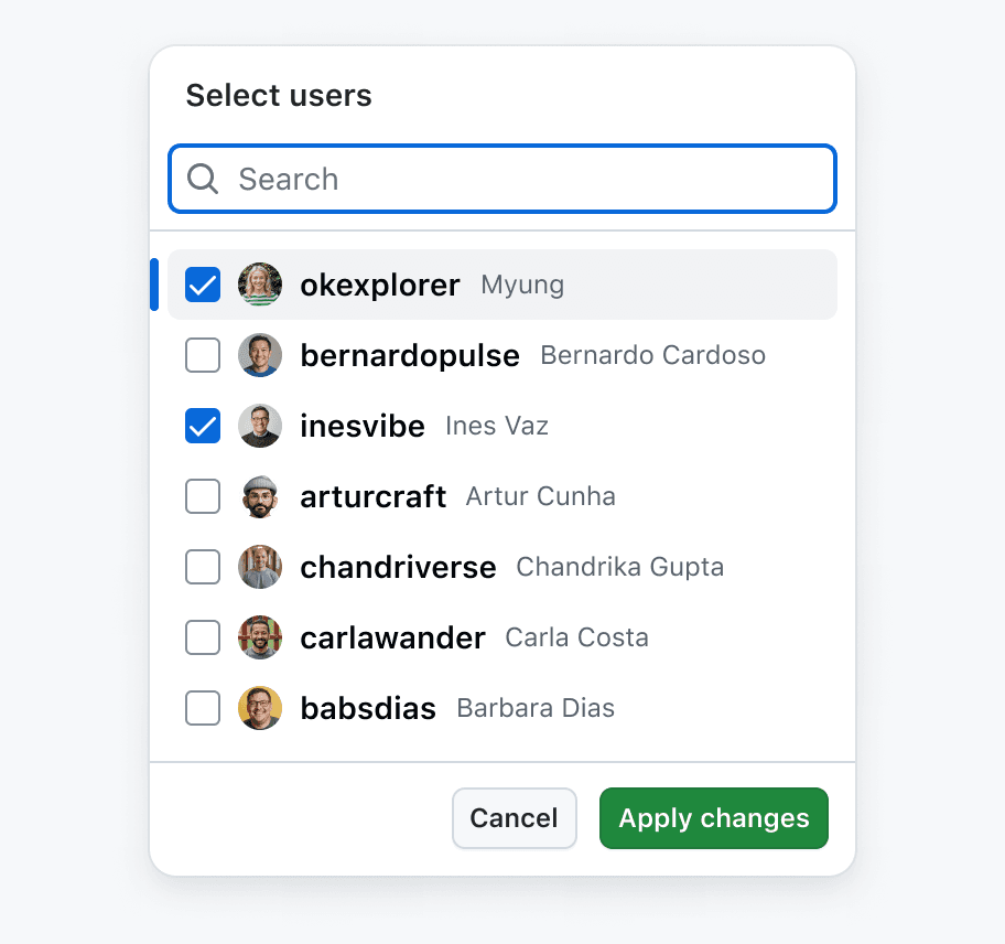 An open SelectPanel menu containing an explicit Save button and Cancel button.