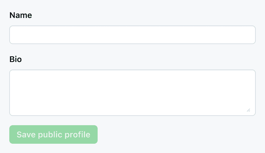 A form with two inputs and a 'Save public profile' button that is disabled.